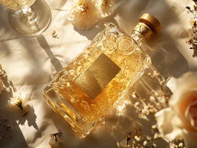 top view of bottle of whiskey with gold label mockup on table with flowers and shadows