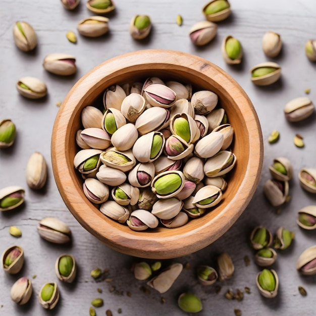 Photo top view bounty pistachios in wooden mortar on white