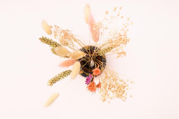 Top view of bouquet of dry plants in vase on pink