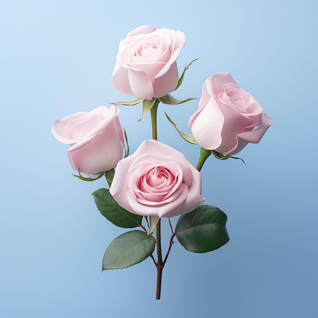 a top view bouquet of three ultralight pink roses with a few baby blue leaves