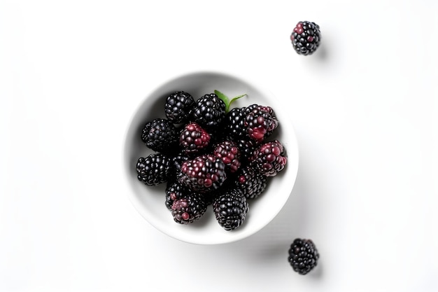 Photo top view bowl of blackberry fruit isolated white background generative ai