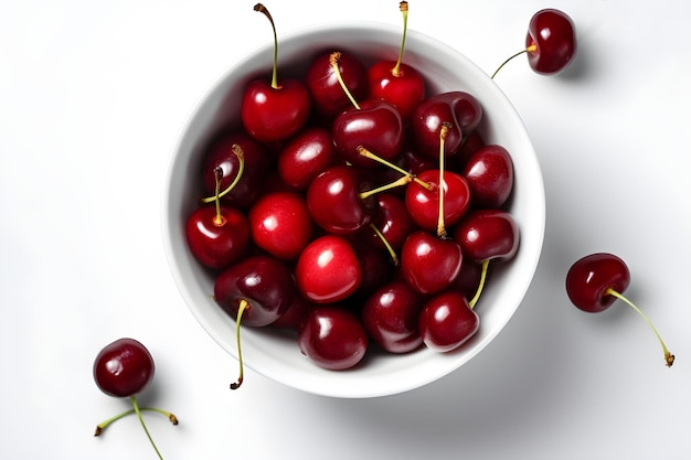 Top view bowl of cherry fruit isolated white background generative ai