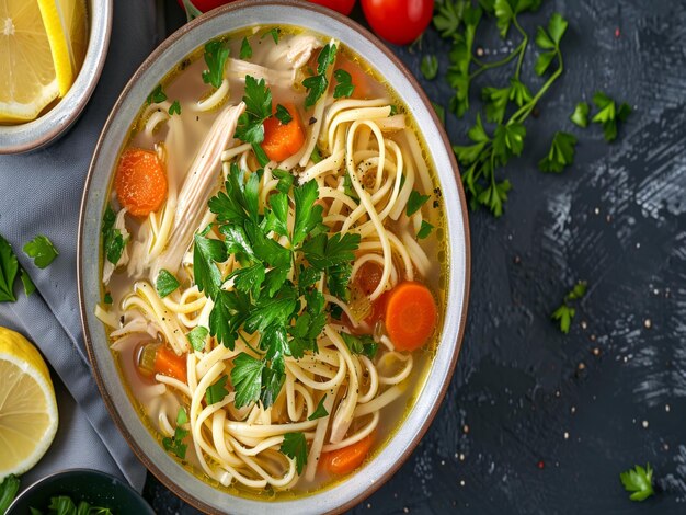 Top view of a bowl of comforting chicken noodle soup garnished with fresh parsley and a squeeze of l