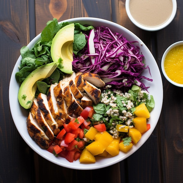 A top view of a bowl filled with colorful salad and grilled chicken placed next to a smoothie