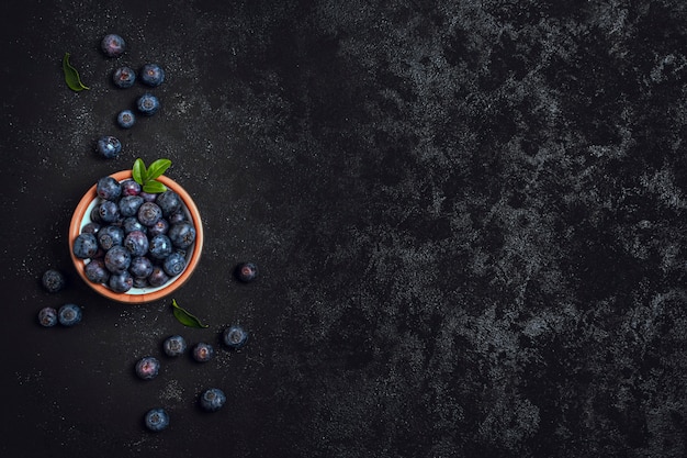 Top view bowl full of blueberries