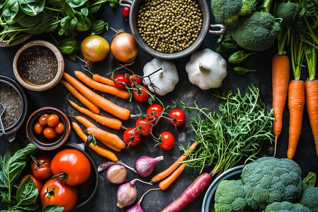 Top view of bowl of healthy food with copy space