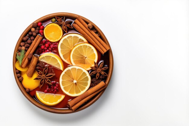 Top view of bowl of hot Christmas winter punsh with copy space on the white background