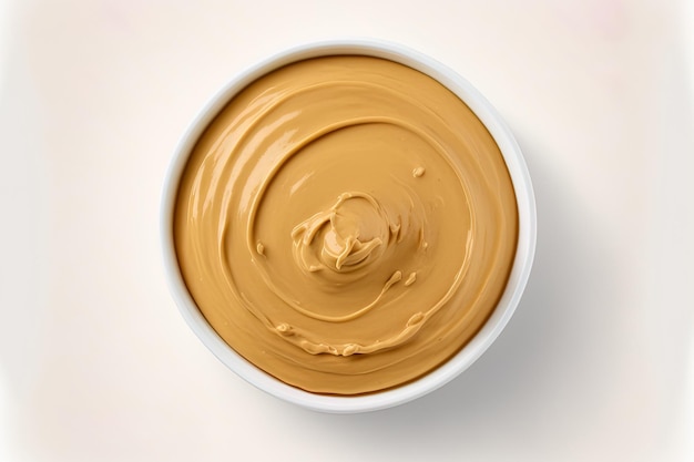 Top view of a bowl of peanut butter isolated on a white background