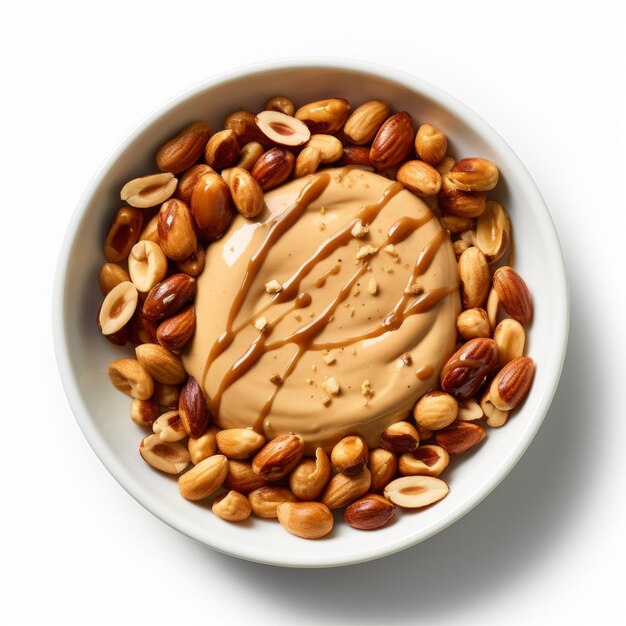 Top view of bowl of peanuts with tamari sauce on white transparent