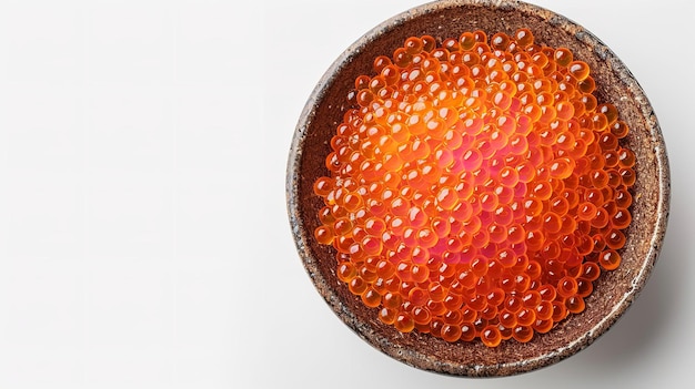 Top view of a bowl of raw caviar fish egg with a big copy space on white backdrop Generative AI