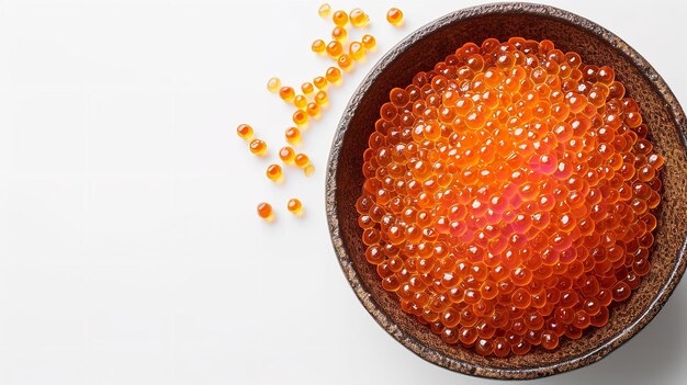 Top view of a bowl of raw caviar fish egg with a big copy space on white backdrop Generative AI