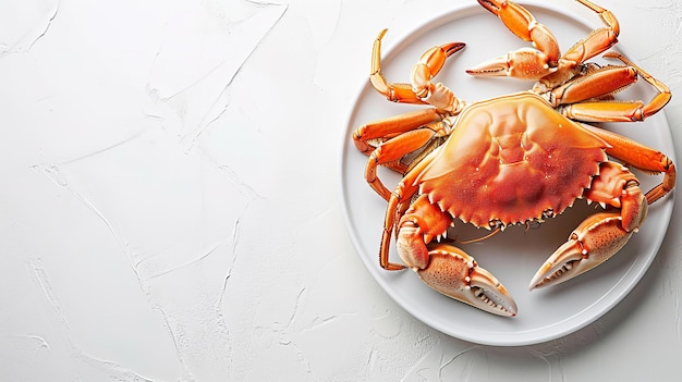 Top view of a bowl of raw crab kept on plate with a big copy space on white backdrop Generative AI