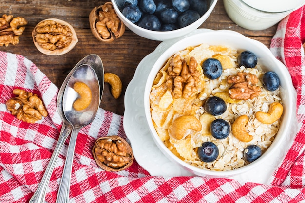 Top view of bowl with cereals and nuts