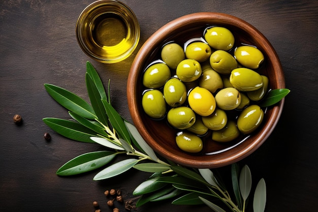 Top view of a bowl with fresh green olives and olive oil isolated on a white background