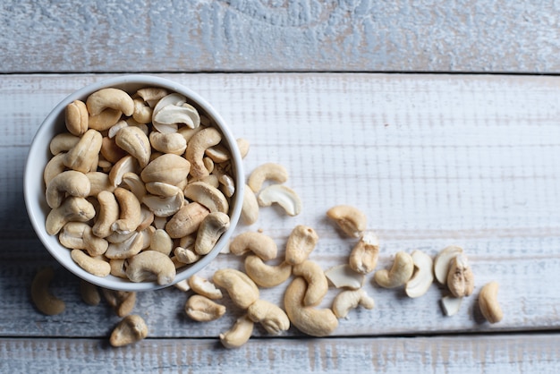 Top view of bowl with a handful of cashew nuts