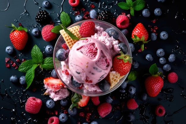 Top view of a bowl with ice cream and berries on a dark background