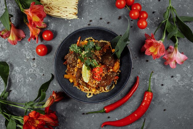 top view bowl with noodles and vegetables