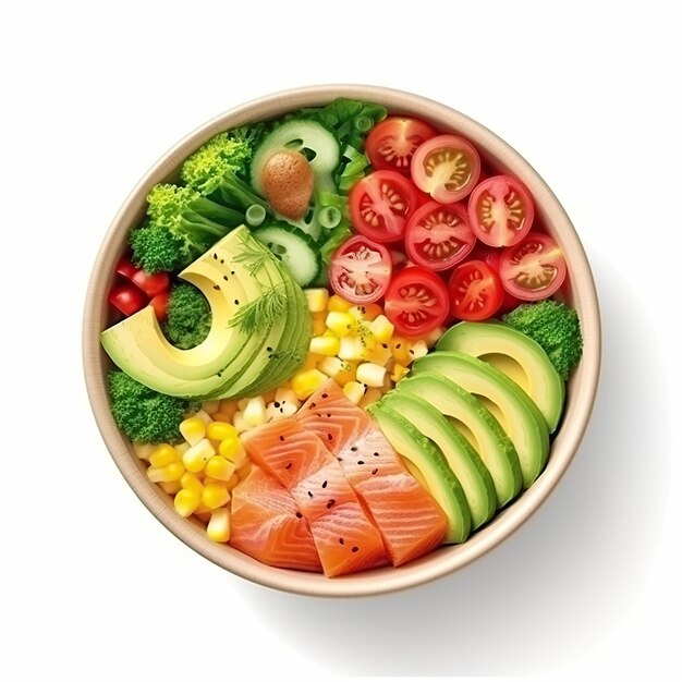 Top view of bowl with salmon and vegetables isolated on empty background