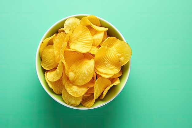 Top view of bowl with tasty potato chips on colorful background text space available