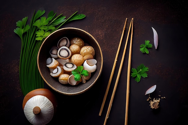 Top view of bowl with various raw mushrooms placed on black table with chopsticks in kitchen