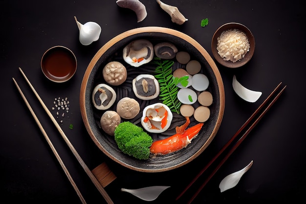 Top view of bowl with various raw mushrooms placed on black table with chopsticks