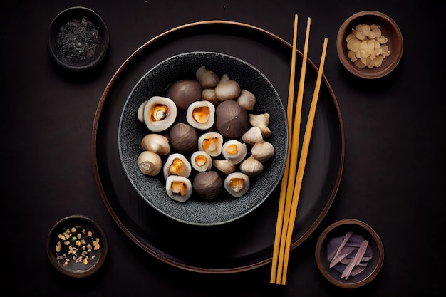 Top view of bowl with various raw mushrooms placed on black table with chopsticks