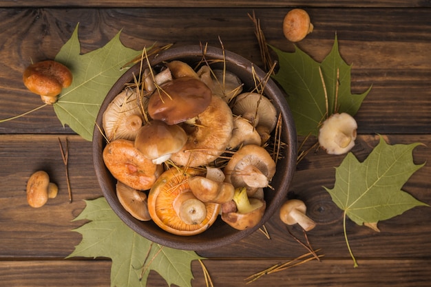 Top view of a bowl with wild mushrooms on a wooden background with leaves. Flat lay.