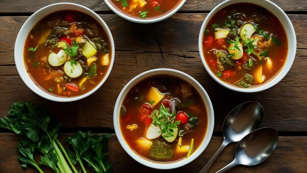 Top view of bowls of delicious vegetable soup on a wooden table