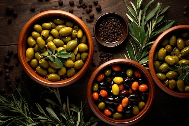 Вид сверху на миски с зелеными и черными оливками и маслом