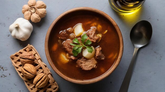 Top view bozbash meat soup in wooden bowl garlic walnuts oil bottle on grey table with free space