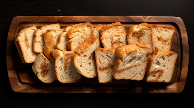 Photo top view of bread slices on wooden tray scanner photography