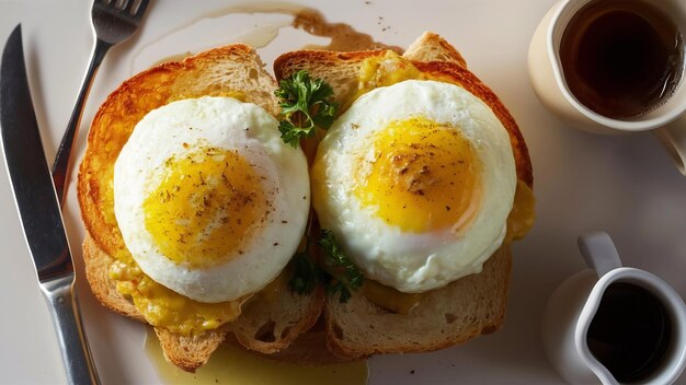 Top view of breakfast fried eggs on plate with cutlery