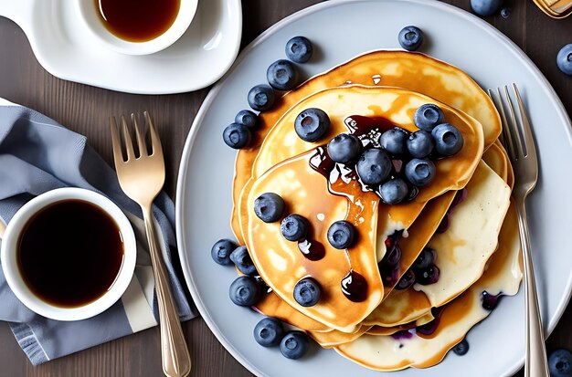 top view of breakfast pancakes on plate w