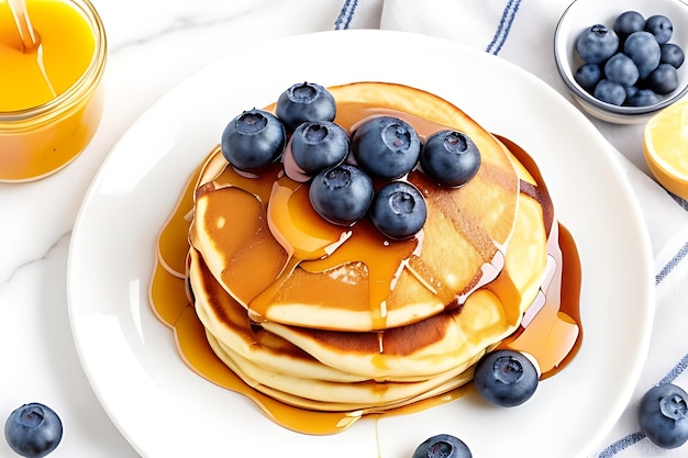 top view of breakfast pancakes on plate