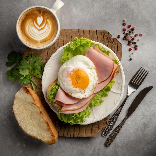 top view breakfast sandwich made with bread fried egg ham and lettuce with cappuccino