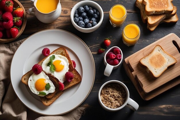 Top view of breakfast with toasts