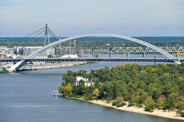 Top view of the bridge across the Dnieper river in the city of Kyiv