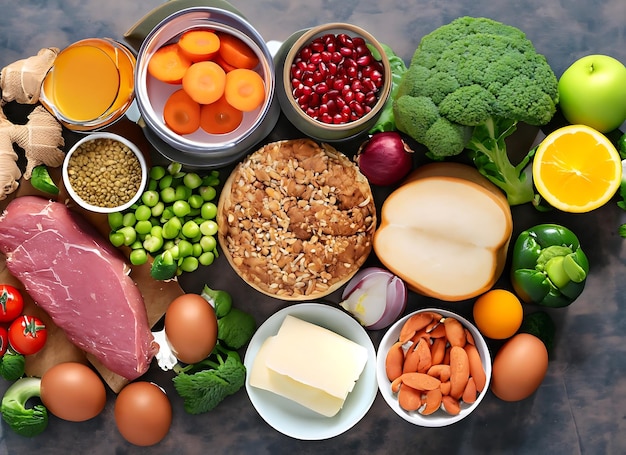 Top view of a broad variety of perfect nutrition food ingredients for healthy life