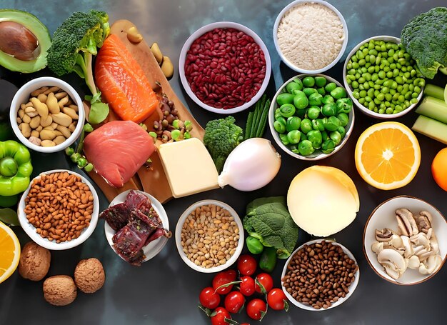 Top view of a broad variety of perfect nutrition food ingredients for healthy life