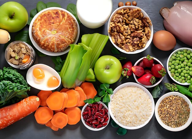 Photo top view of a broad variety of perfect nutrition food ingredients for healthy life