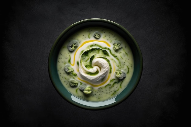 A top view of broccoli cream soup against a dark background