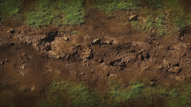 top view of brown soil with green grass meadow field