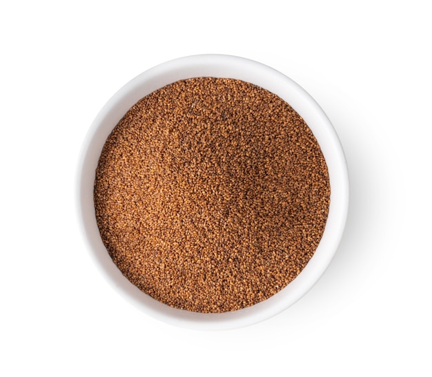 Top view brown Teff Grain in white bowl  isolated on white background