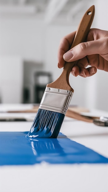 Foto pennelli di vista superiore con lattina di vernice blu classica