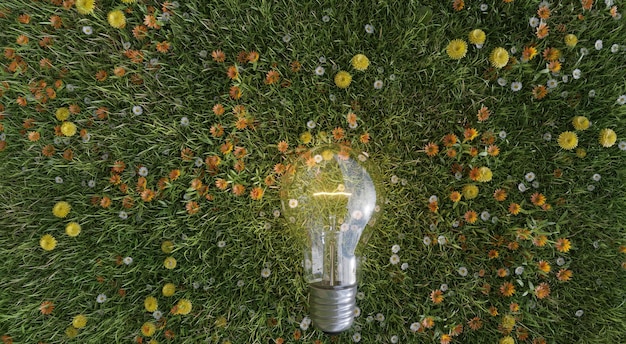 Foto lampadina con vista dall'alto sul campo in erba e potere floreale della natura e concetto di protezione ambientale rendering di illustrazioni 3d