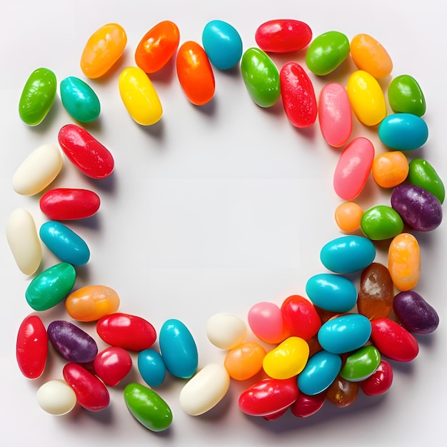 Top View Bunch Assorted Colorful Jellybeans White Background