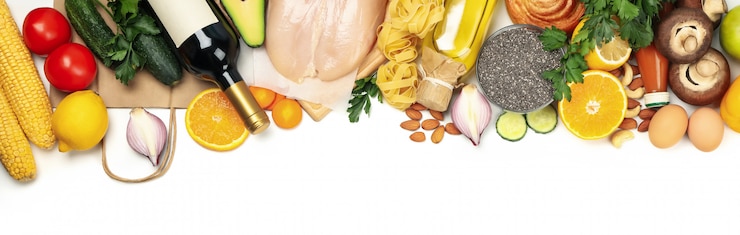 Photo top view on bunch of different food isolated