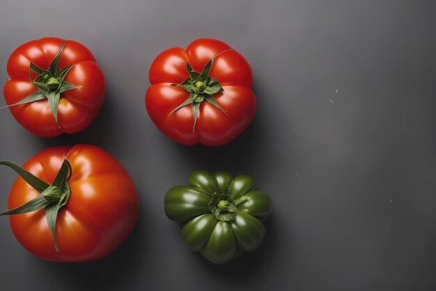 Top view bunch of tomatoes with black pepper leaves garlic chili peppers on gray background horizontal