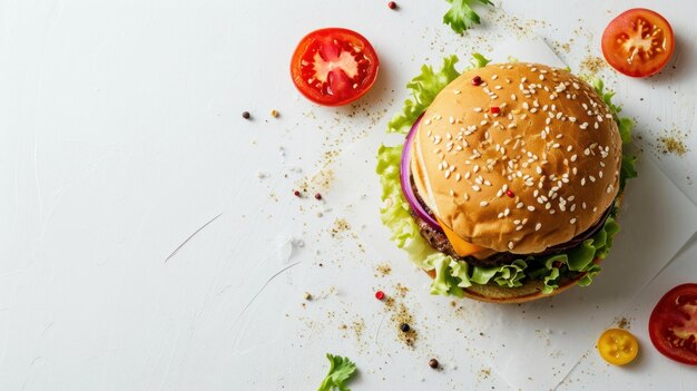 top view of a burger on a clean white background