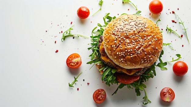 top view of a burger on a clean white background